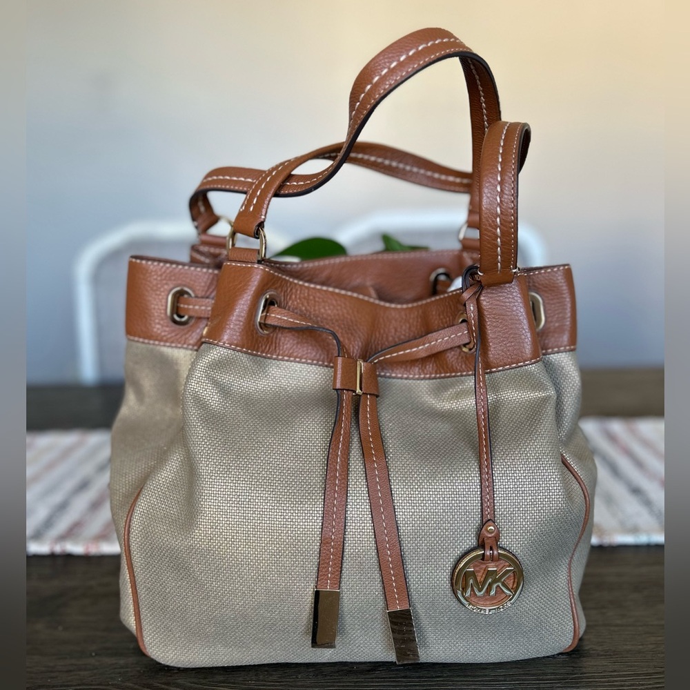 Michael Kors Large Metallic Marina Drawstring Canvas Shoulder Bag!